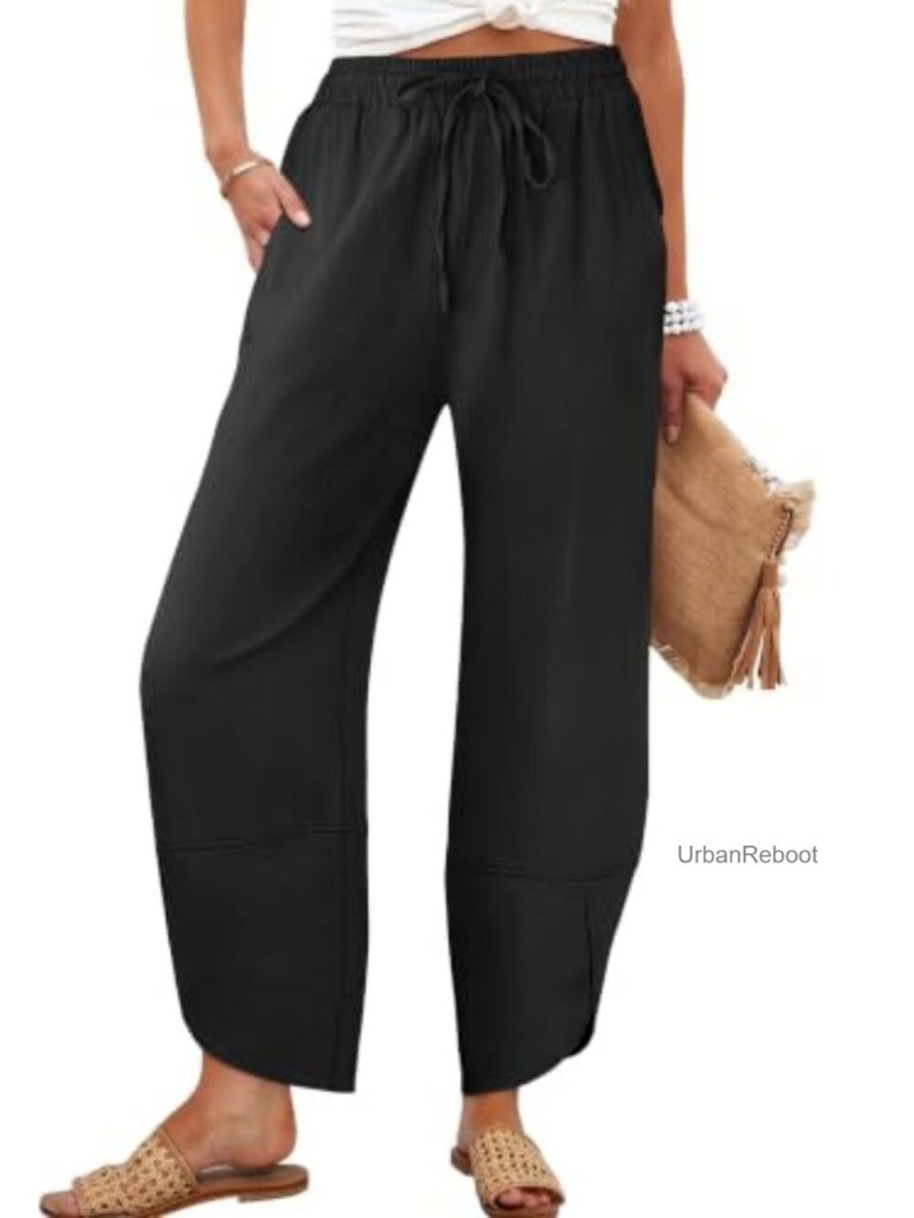 Wide Leg Barrel Pants with Pockets Flow Rayon Linen Casual